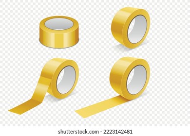 Vector 3d Realistic Glossy Yellow Tape Roll Icon Set, Mock-up Closeup Isolated on White Background. Design Template of Packaging Sticky Tape Roll or Adhesive Tape for Mockup. Front View