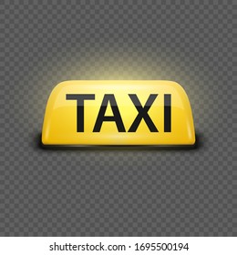 Vector 3d Realistic Glowing Yellow Taxi Sign Icon Closeup Isolated on Transparent Background. Design template for Taxi Service, Mockup. Front View