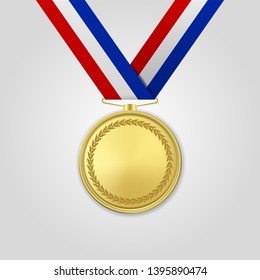 Vector 3d Realistic Gold Award Medal with Color Ribbon Closeup Isolated on White Background. The First Place, Prize. Sport Tournament, Victory Concept