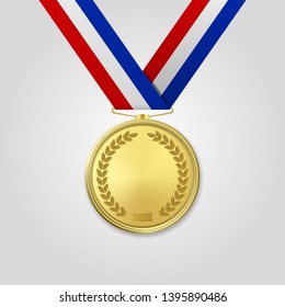 Vector 3d Realistic Gold Award Medal with Color Ribbon Closeup Isolated on White Background. The First Place, Prize. Sport Tournament, Victory Concept