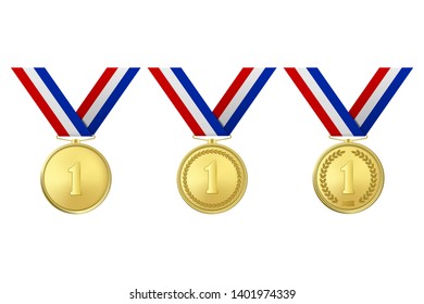 Vector 3d Realistic Gold Award Medal Icon Set with Color Ribbons Closeup Isolated on White Background. The First Place, Prizes. Sport Tournament, Victory or Winner Concept