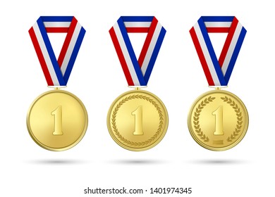 Vector 3d Realistic Gold Award Medal Icon Set with Color Ribbons Closeup Isolated on White Background. The First Place, Prizes. Sport Tournament, Victory or Winner Concept
