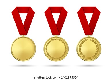 Vector 3d Realistic Gold Award Medal Icon Set with Color Ribbons Closeup Isolated on White Background. The First Place, Prizes. Sport Tournament, Victory or Winner Concept