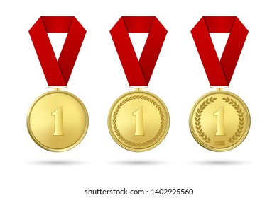 Vector 3d Realistic Gold Award Medal Icon Set with Color Ribbons Closeup Isolated on White Background. The First Place, Prizes. Sport Tournament, Victory or Winner Concept