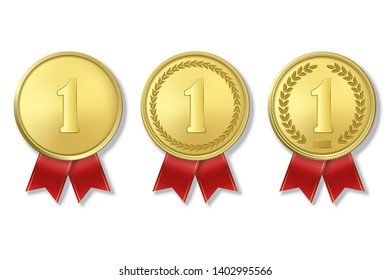 Vector 3d Realistic Gold Award Medal Icon Set with Color Ribbons Closeup Isolated on White Background. The First Place, Prizes. Sport Tournament, Victory or Winner Concept