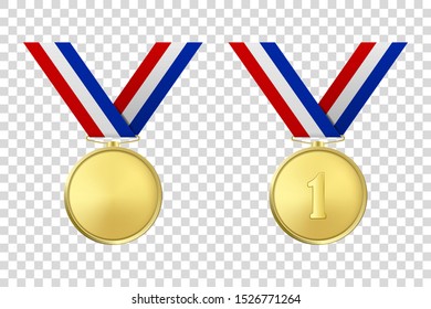 Vector 3d Realistic Gold Award Medal Icon Set with Color Ribbons Closeup Isolated on Transparent Background. Design Template, Mockup. Blank and The First Place, Prize. Sport Tournament, Victory