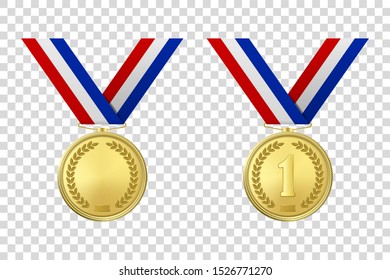 Vector 3d Realistic Gold Award Medal Icon Set with Color Ribbons Closeup Isolated on Transparent Background. Design Template, Mockup. Blank and The First Place, Prize. Sport Tournament, Victory