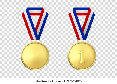 Vector 3d Realistic Gold Award Medal Icon Set with Color Ribbons Closeup Isolated on Transparent Background. Design Template, Mockup. Blank and The First Place, Prize. Sport Tournament, Victory
