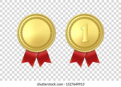 Vector 3d Realistic Gold Award Medal Icon Set with Red Ribbons Closeup Isolated on Transparent Background. Design Template, Mockup. Blank and The First Place, Prize. Sport Tournament, Victory Concept