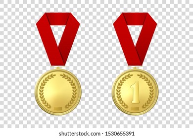 Vector 3d Realistic Gold Award Medal Icon Set with Color Ribbon Closeup Isolated on Transparent Background. Design Template, Mockup. Blank and The First Place, Prize. Sport Tournament, Victory Concept