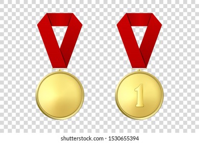 Vector 3d Realistic Gold Award Medal Icon Set with Color Ribbon Closeup Isolated on Transparent Background. Design Template, Mockup. Blank and The First Place, Prize. Sport Tournament, Victory Concept