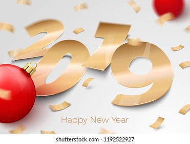 Vector 3d realistic gold foil paper number 2019 laying on the surface, with red balls, confetti, shadows, perspective and blur.