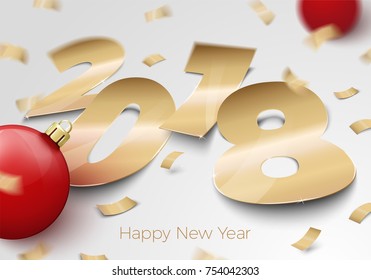 Vector 3d realistic gold foil paper number 2018 laying on the surface, with red balls, confetti, shadows, perspective and blur.