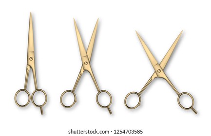 Vector 3d Realistic Gold Metal Closed and Opened Stationery Scissors Icon Set Closeup Isolated on White Background. Design Template of Classic Scissors for Graphics, Mockup. Top View