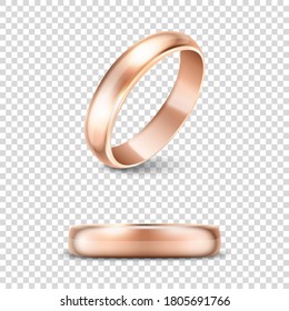 Vector 3d Realistic Gold Metal Wedding Ring Icon Set Closeup Isolated on Transparent Background. Design Template of Shiny Golden Rings. Clipart, Mockup. Side, Front View