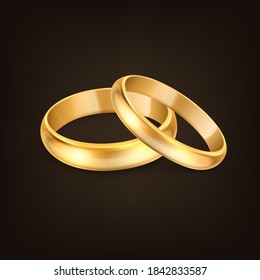 Vector 3d Realistic Gold Metal Wedding Rings for Couple Closeup Isolated on Black Background. Design Template of Shiny Golden Rings. Clipart, Mockup. Side, Front View