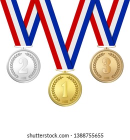 Vector 3d Realistic Gold, Silver and Bronze Award Medals Icon Set with Color Ribbons Closeup Isolated on White Background. The First, Second, Third Place, Prizes. Sport Tournament, Victory