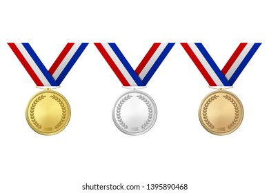 Vector 3d Realistic Gold, Silver and Bronze Award Medal Icon Set with Color Ribbons Closeup Isolated on White Background. The First, Second, Third Place, Prizes. Sport Tournament, Victory Concept