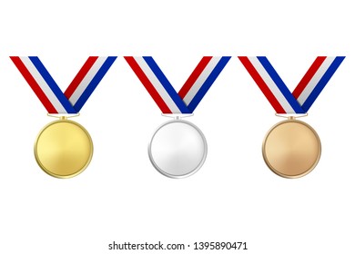 Vector 3d Realistic Gold, Silver and Bronze Award Medal Icon Set with Color Ribbons Closeup Isolated on White Background. The First, Second, Third Place, Prizes. Sport Tournament, Victory Concept