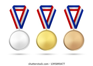 Vector 3d Realistic Gold, Silver and Bronze Award Medal Icon Set with Color Ribbons Closeup Isolated on White Background. The First, Second, Third Place, Prizes. Sport Tournament, Victory Concept