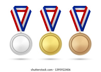 Vector 3d Realistic Gold, Silver and Bronze Award Medal Icon Set with Color Ribbons Closeup Isolated on White Background. The First, Second, Third Place, Prizes. Sport Tournament, Victory Concept