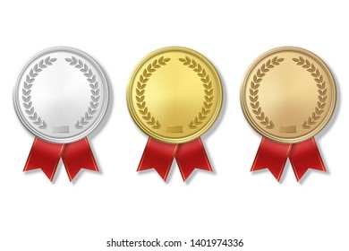 Vector 3d Realistic Gold, Silver and Bronze Award Medal Icon Set with Color Ribbons Closeup Isolated on White Background. The First, Second, Third Place, Prizes. Sport Tournament, Victory Concept