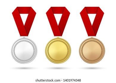 Vector 3d Realistic Gold, Silver and Bronze Award Medal Icon Set with Color Ribbons Closeup Isolated on White Background. The First, Second, Third Place, Prizes. Sport Tournament, Victory Concept