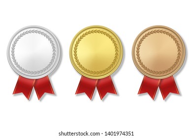 Vector 3d Realistic Gold, Silver and Bronze Award Medal Icon Set with Color Ribbons Closeup Isolated on White Background. The First, Second, Third Place, Prizes. Sport Tournament, Victory Concept