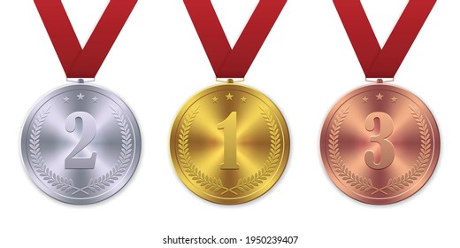 Vector 3d Realistic Gold, silver and bronze medal, First place winner award