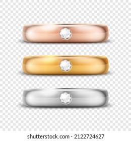 Vector 3d Realistic Gold And Silver Metal Wedding Ring With Gemstone, Diamond Icon Set Closeup Isolated. Design Template Of Shiny Golden Rings. Clipart, Mockup. Side, Front View