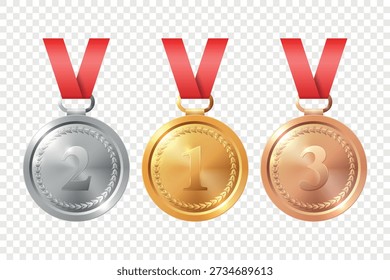 Vector 3d Realistic Gold, Silver, Bronze Medal Set, Isolated. Award Medals for Sport. Medal Icon, Isolated. Medal Badges. Winner First Second Third Place Trophy Design Template for Championship