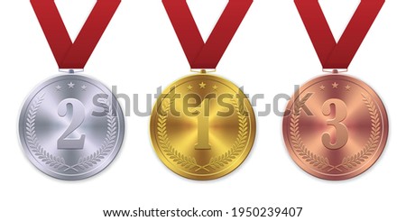 Vector 3d Realistic Gold, silver and bronze medal, First place winner award