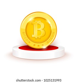 Vector 3d realistic golden bitcoin on round podium with red carpet, popular cryptocurrency number one in the world isolated on background. Internet technology, business success concept illustration