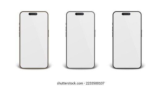 Vector 3d Realistic Golden, Black, Gray Steel Modern Smartphone Design Template Set Closeup Isolated. Mobile Phone Mockup. Telephone Device UI UX, Phone in Front View