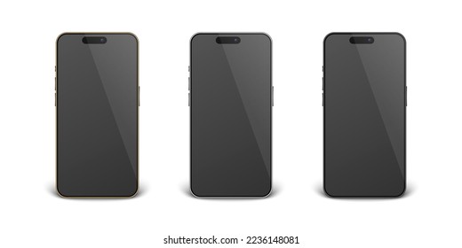 Vector 3d Realistic Golden, Black, Gray Steel Modern Smartphone Design Template Set Closeup Isolated. Mobile Phone Mockup. Telephone Device UI UX, Phone in Front View