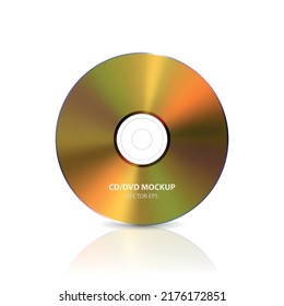 Vector 3d Realistic Golden Blank CD, DVD on White with Reflection. CD Design Template for Mockup, Copy Space. Compact Disk Icon, Front View