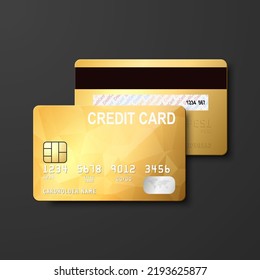 Vector 3d Realistic Golden Blank Credit Card Isolated. Design Template of Plastic Credit or Debit Card for Mockup, Branding. Credit Card Payment Concept. Front and Back Side