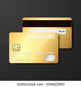 Vector 3d Tarjeta de crédito Golden Blank realista sobre fondo negro. Plantilla de diseño de tarjeta de crédito o débito plásticos para la mezcla, la promoción de marca. Concepto de pago con tarjeta de crédito. Parte delantera y trasera