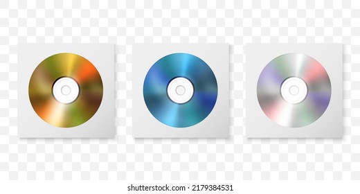 Vector 3d Realistic Golden, Blue And Multicolor CD, DVD In Paper, Plastic Case, Package, Envelope Set Closeup Isolated On White Background. Design Template For Mockup, Copy Space. Top View