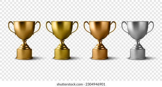 Vector 3d Realistic Golden, Bronze and Silver Champion Cup Icon Set Closeup Isolated. Championship Trophy, Sport Tournament Award. Design Template of Trophy Cup for Victory Concept