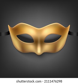 Vector 3d Realistic Golden Carnival Face Maskon Black Background. Mask For Party, Masquerade Closeup. Design Template Of Mask For Man, Woman. Carnival, Party, Secret, Hero, Stranger Concept