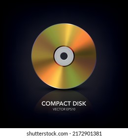 Vector 3d Realistic Golden CD, DVD on Black with Reflection. CD Design Template for Mockup, Copy Space. Compact Disk Icon, Front View