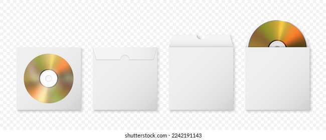 Vector 3d Realistic Golden CD, DVD with Paper, Plastic Cover, Envelope, Case with Transparent Window Set Isolated. CD Box, Packaging Design Template for Mockup. Compact Disk Icon, Top View