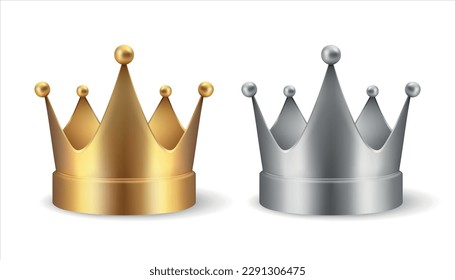 Vector 3d Realistic Golden Crown Icon Set Closeup Isolated on White Background. Yellow and Gray Metallic Crown Design Template, Front View