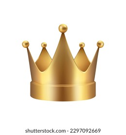 Vector 3d Realistic Golden Crown Icon Closeup Isolated. Yellow Metallic Crown Design Template. Gold Royal King Crown. Symbol of Imperial Power. Luxury, Wealth and Power. Front View