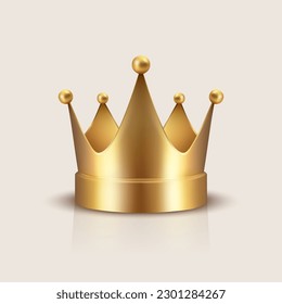 Vector 3d Realistic Golden Crown Icon Closeup Isolated. Yellow Metallic Crown Design Template. Gold Royal King Crown. Symbol of Imperial Power. Luxury, Wealth and Power. Front View