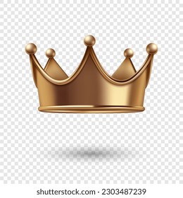 Vector 3d Realistic Golden Crown Icon Closeup Isolated. Yellow Metallic Crown Design Template. Gold Royal King Crown. Symbol of Imperial Power. Luxury, Wealth and Power. Front View