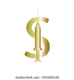 Vector 3D realistic golden dollar sign isolated on white. USD sign with syringe as part of dollar symbol. Can be used for pharmacy business or economics concepts. Vector element illustration.