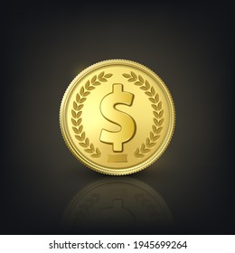 Moneda real del dólar dorado vectorial 3d. Moneda, dinero, capital, banca, comercio electrónico, intercambio y concepto de finanzas. Moneda de color brillante en fondo oscuro con reflexión. Vista frontal