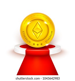 Vector 3d realistic golden ethereum coin on round podium with red carpet, popular cryptocurrency number one in world isolated on background. Internet technology, business success concept illustration